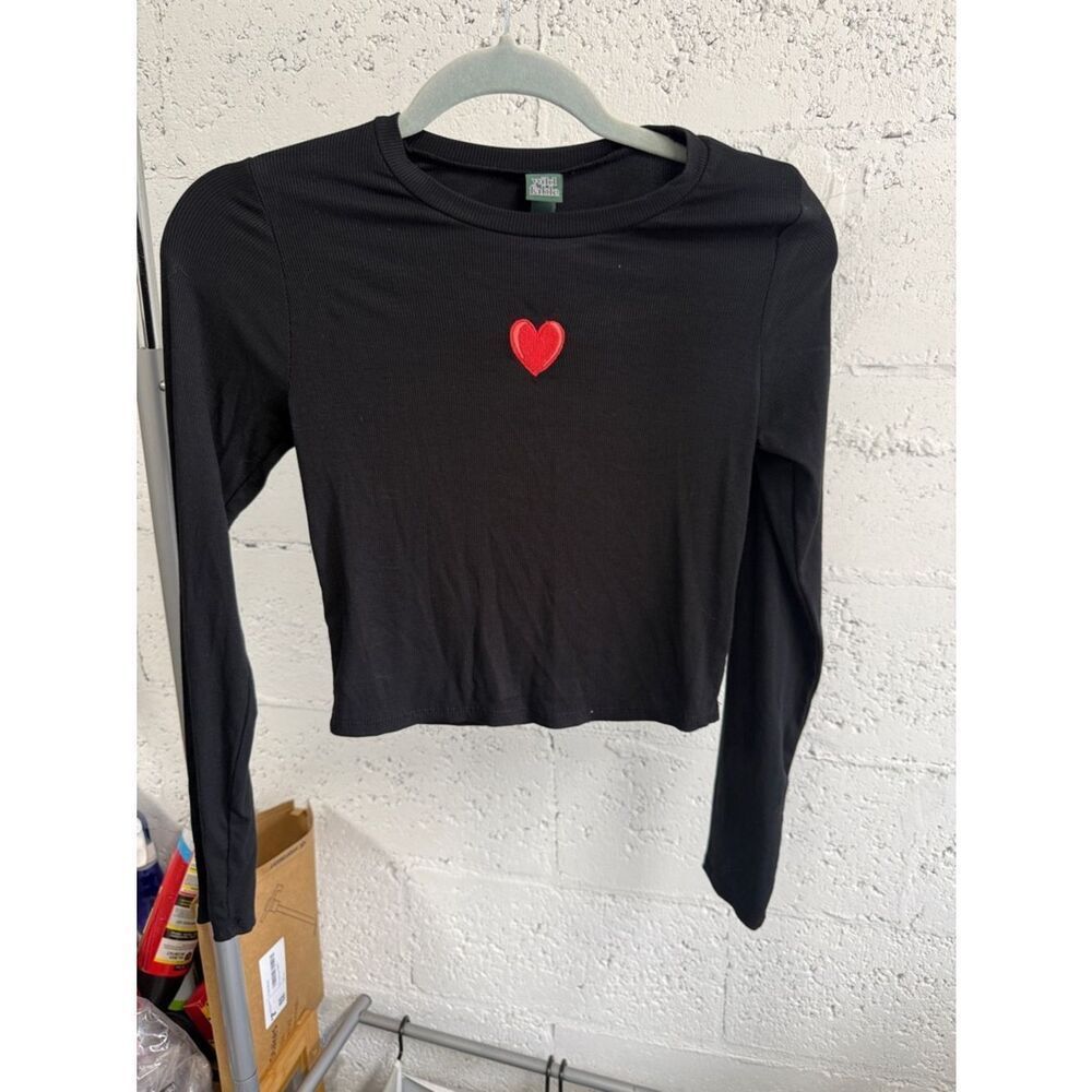 Black Long Sleeve Cropped Top with Red Heart Patch - Ribbed - Small LIKE NEW